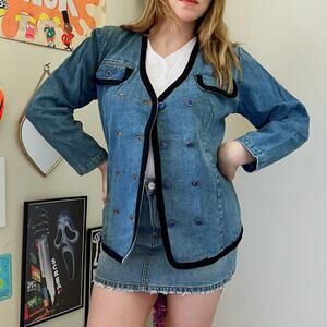 Vintage 1980s Neutral Zone Double Breasted Denim Blazer Jacket Size Small
